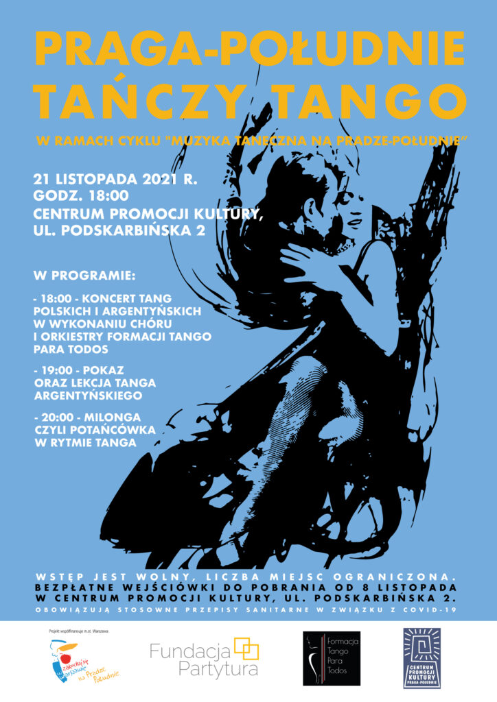 Plakat zapraszający na wieczór z tangiem "praga Południe tańczy tango