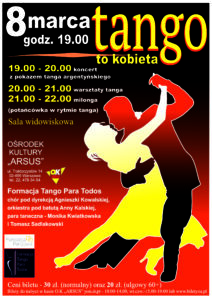 Plakat wydarzenia - para tańcząca tango. Opis pod plakatem