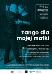 Plakat "Tango dla mojej matki". Plakat jest w odcieniu niebiesko-czarnym. Na plakacie para tancerzy tańczy tango.