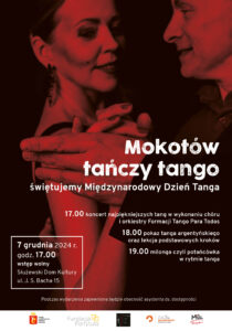 Plakat wydarzenia Mokotów tańczy tango. Plakat w odcieniach ciemnoczerwonych - para tańczy tango