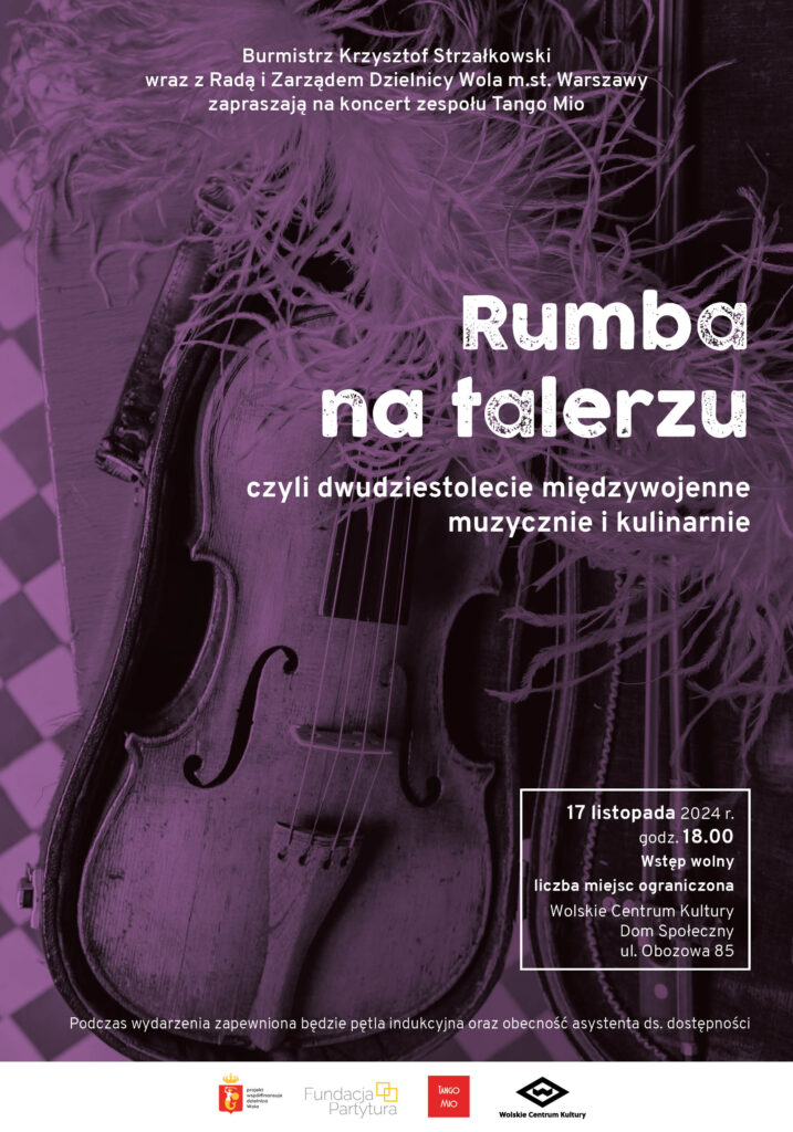 Plakat w kolorze fioletowym wydarzenia Rumba na talerzu czyli dwudziestolecie międzywojenne  muzycznie i kulinarnie